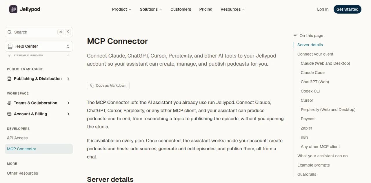 The Jellypod MCP Connector docs page, listing connection steps for Claude, ChatGPT, Cursor, and Perplexity