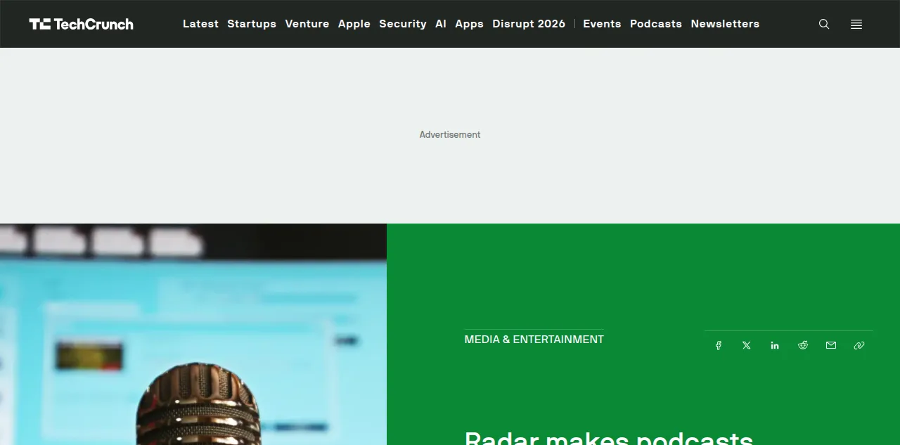 TechCrunch's article headline, Radar makes podcasts searchable and usable by AI agents, dated August 26, 2026