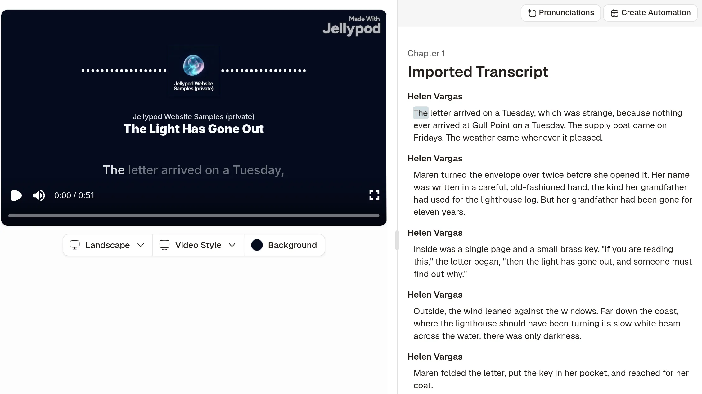 Jellypod episode player for The Light Has Gone Out next to its Chapter 1 script, narrated by Helen Vargas