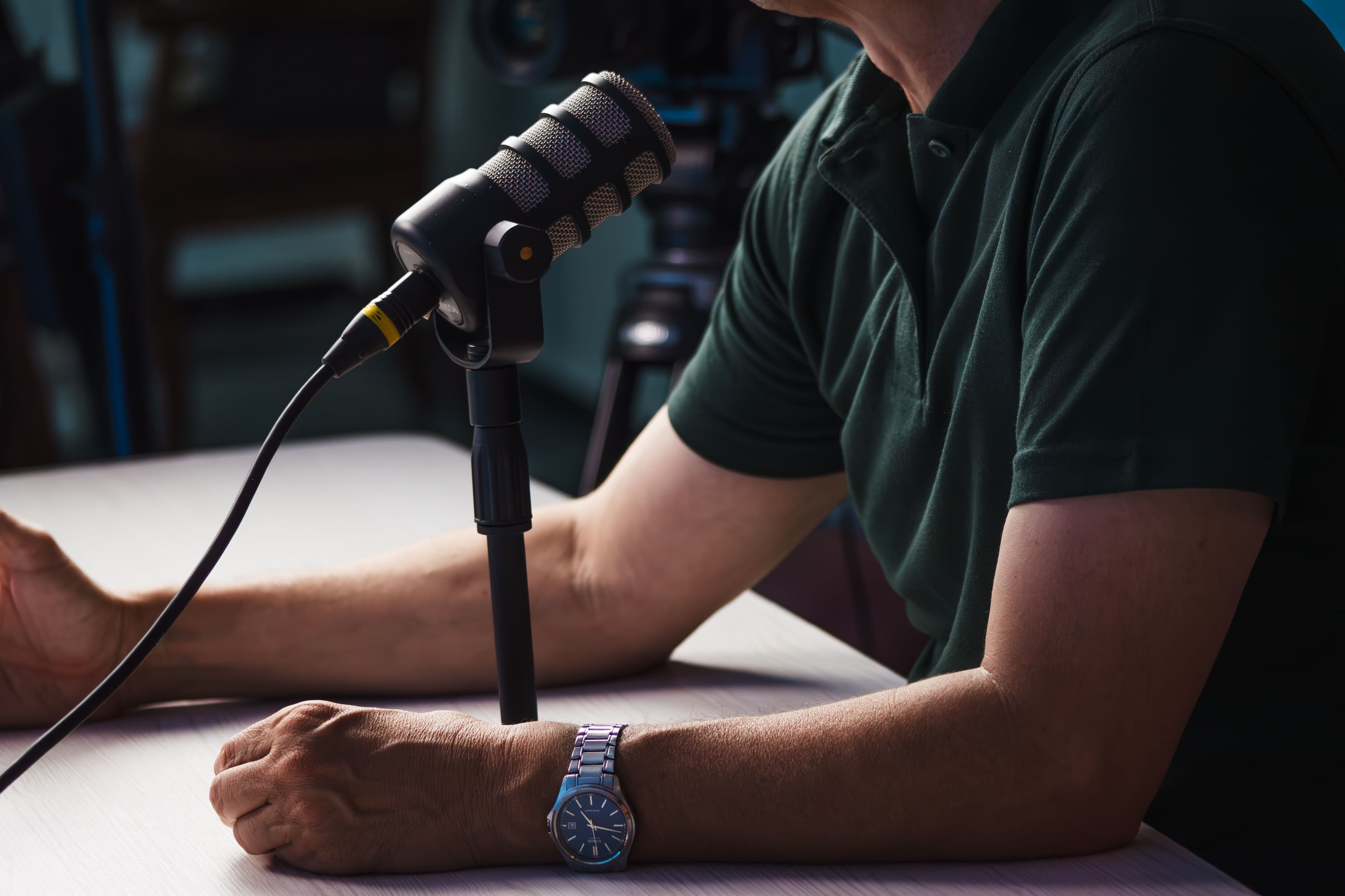 A microphone in a recording studio, set up to capture a voice