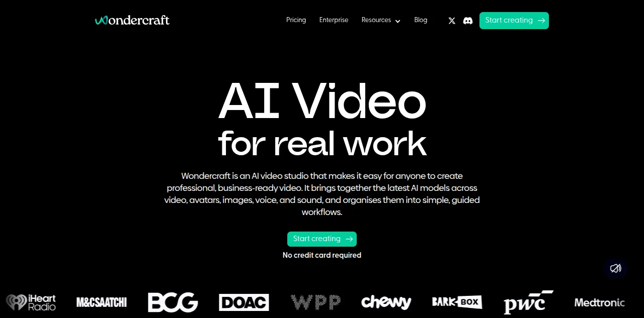 Wondercraft homepage headline reading AI Video for real work, describing an AI video studio for business-ready video