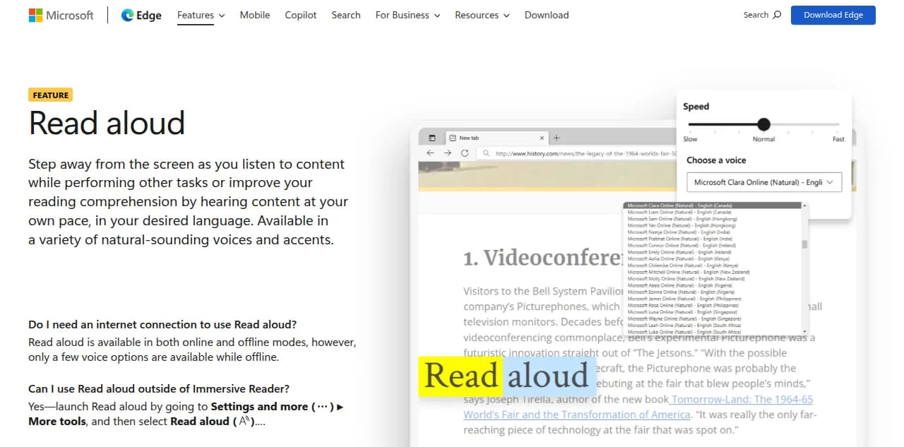 Microsoft Edge Read aloud feature page showing the speed slider, voice picker, and word highlighting