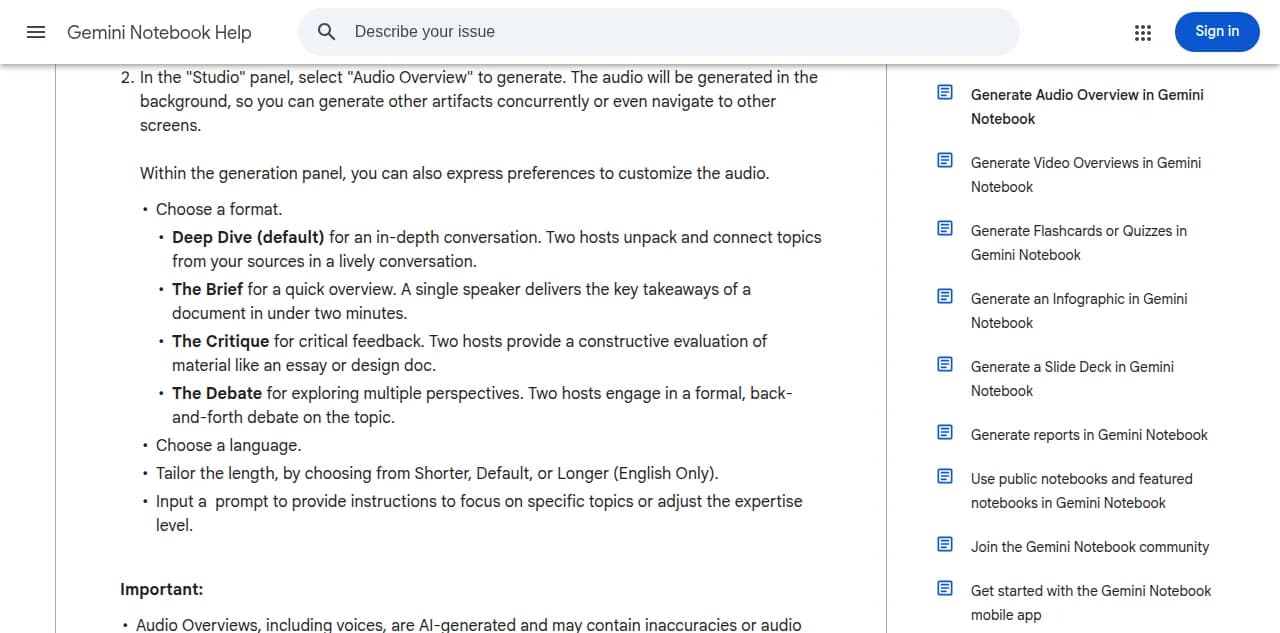 Google help page for generating an Audio Overview, listing format, language, length, and prompt options with no voice or host choice