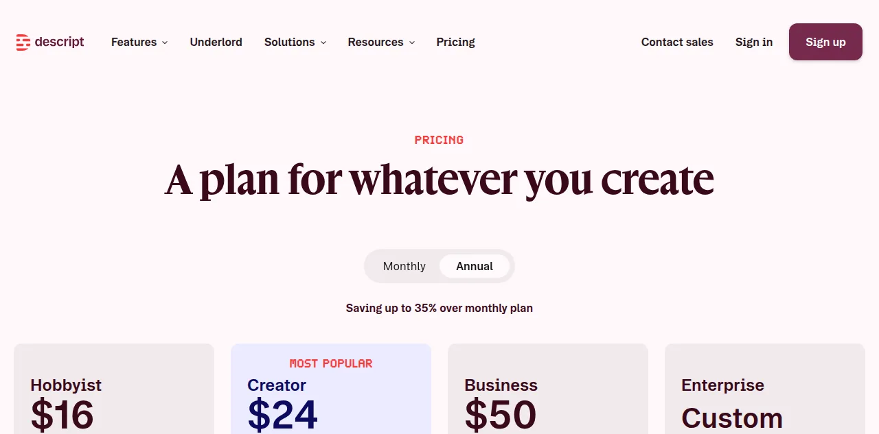 Descript's pricing page with the Annual toggle selected, showing Hobbyist at $16, Creator at $24, Business at $50, and Enterprise at Custom
