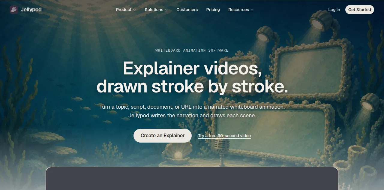 Jellypod's whiteboard explainer landing page, showing the product's script-to-video workflow