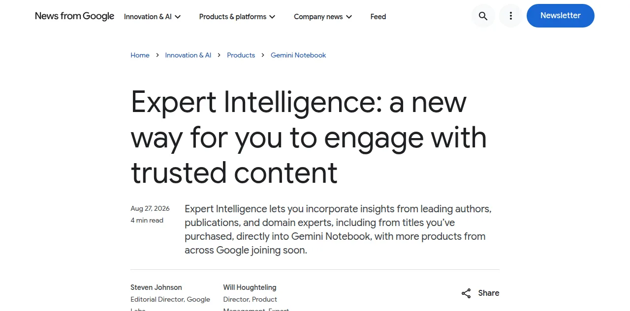 Google's blog post announcing Expert Intelligence for Gemini Notebook, dated August 27, 2026