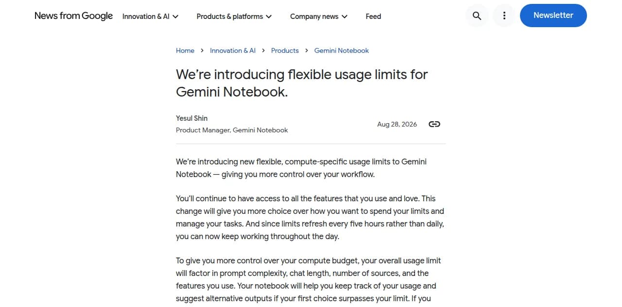 Google's blog post announcing flexible, compute-based usage limits for Gemini Notebook, dated August 28, 2026