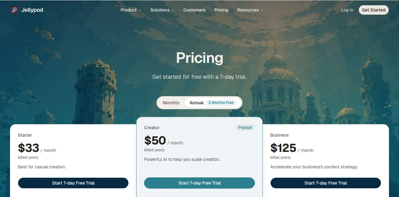 Jellypod pricing page showing plan tiers and a 7-day free trial