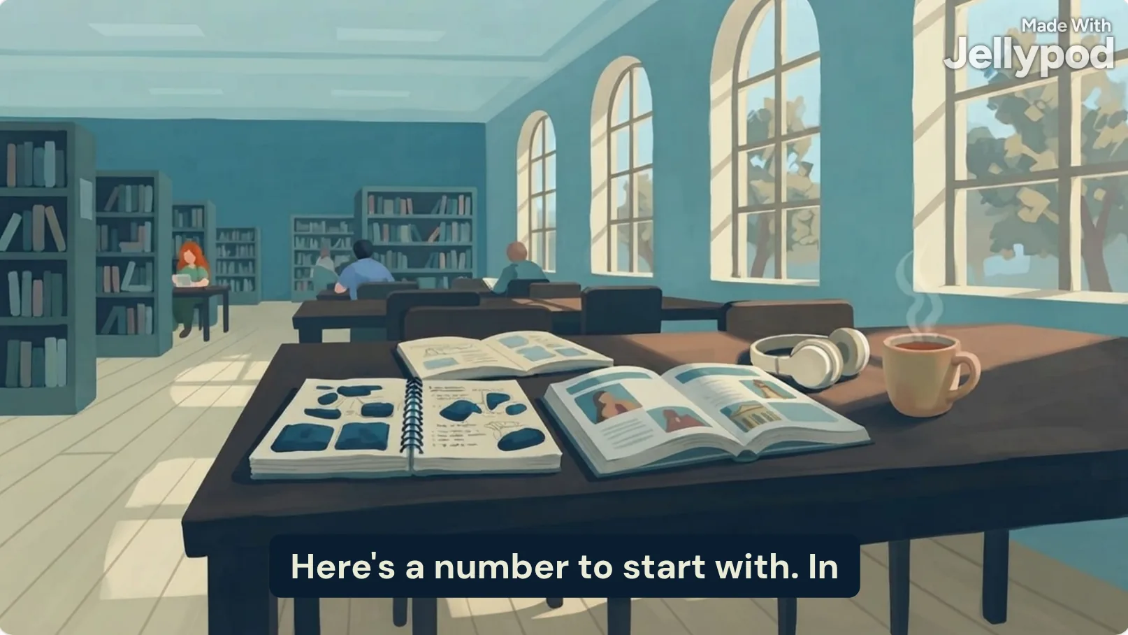 Jellypod Magic Video frame in the Gouache style: an illustrated library desk with open books, headphones, and a coffee cup, with captions.