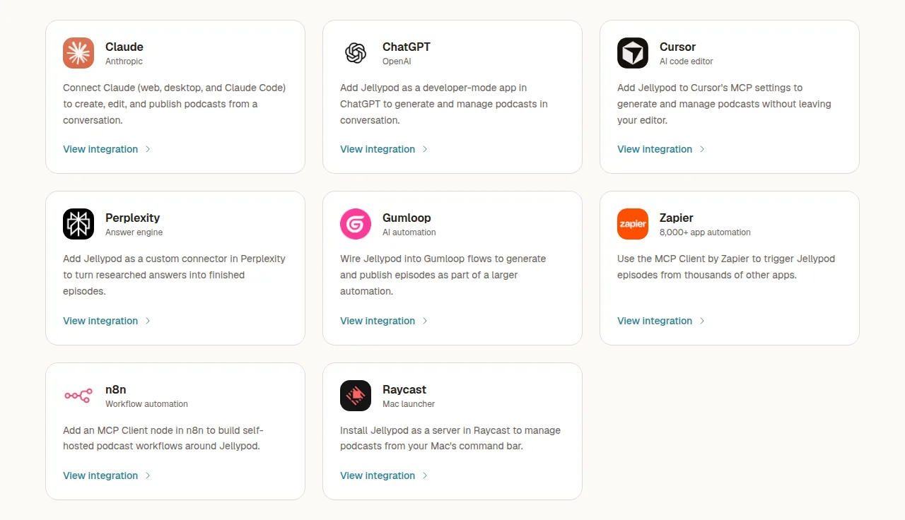 The Jellypod integrations page showing connector cards for Claude, ChatGPT, Cursor, Perplexity, Gumloop, Zapier, n8n, and Raycast
