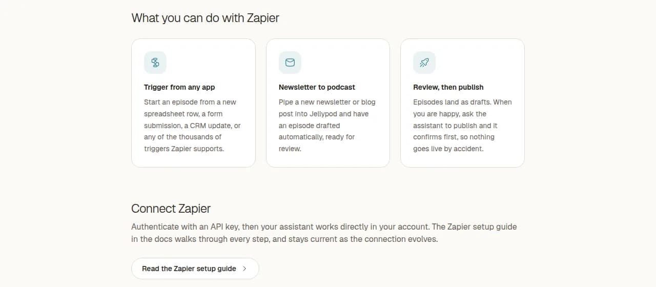 The Zapier integration page on Jellypod, showing what you can do with Zapier and how to connect it with an API key