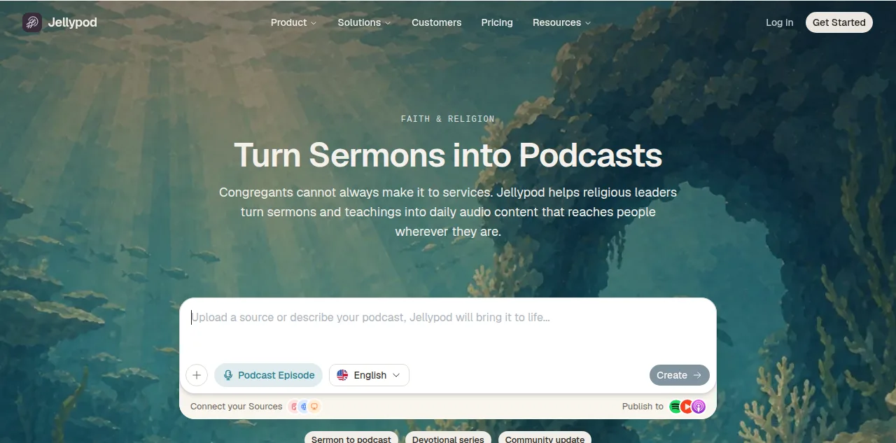 Jellypod's Faith and Religion page, headlined 'Turn Sermons into Podcasts,' with a prompt box for uploading a sermon source