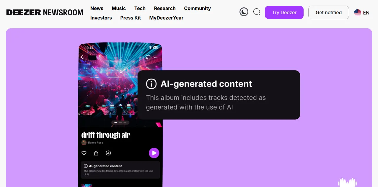 Deezer's player showing an AI-generated content label reading This album includes tracks detected as generated with the use of AI