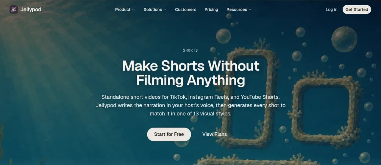 The Jellypod Shorts page, showing vertical videos generated for TikTok, Instagram Reels, and YouTube Shorts