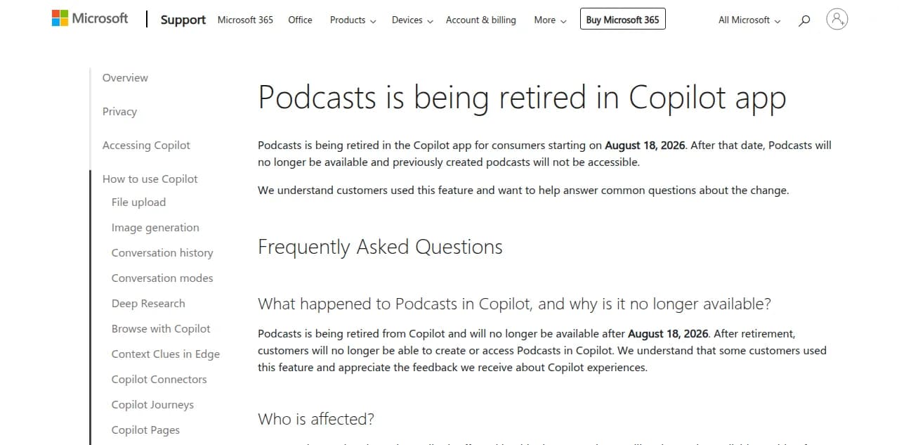 Microsoft support page titled "Podcasts is being retired in Copilot app" with the August 18, 2026 retirement date