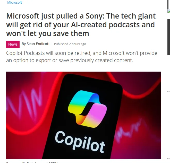 Windows Central headline announcing Microsoft will delete AI-created Copilot podcasts