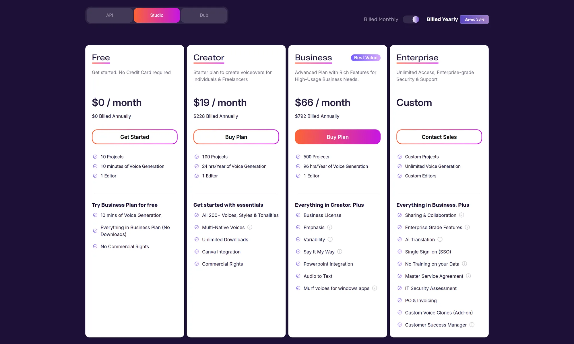 Murf pricing page, Studio tab, yearly billing selected, checked October 17, 2026. API, Studio, and Dub tabs. Free $0, Creator $19 a month ($228 a year), Business $66 a month ($792 a year), Enterprise Custom.