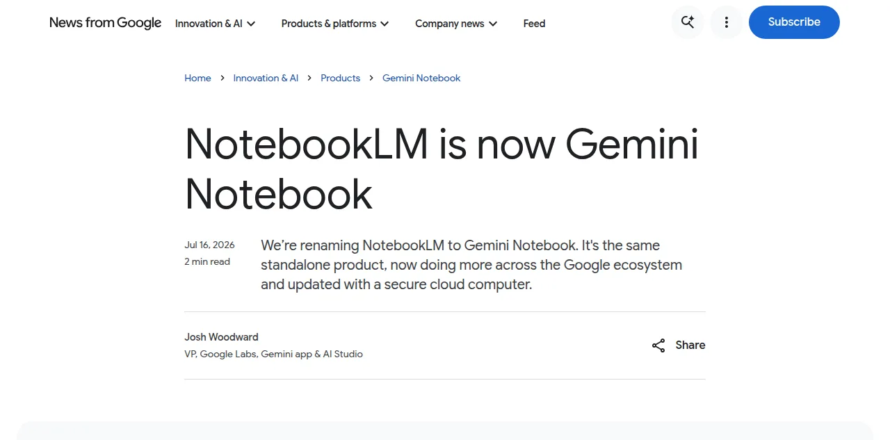 Google announcement page reading NotebookLM is now Gemini Notebook