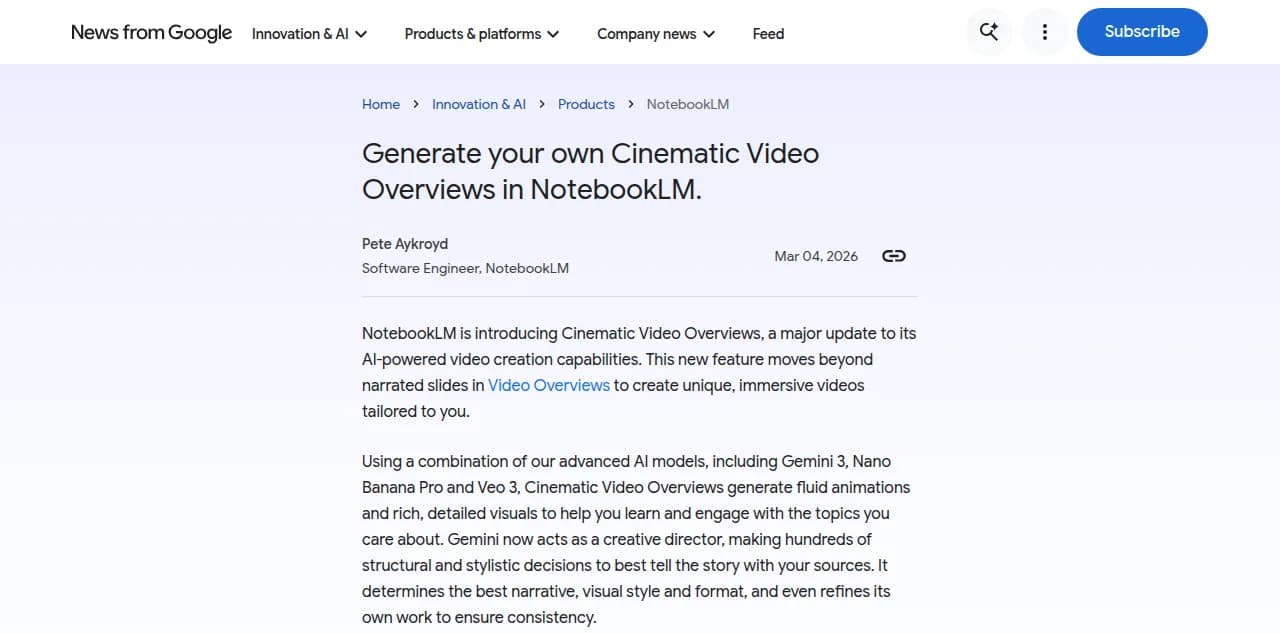Google's announcement page for Cinematic Video Overviews in NotebookLM, dated March 4, 2026