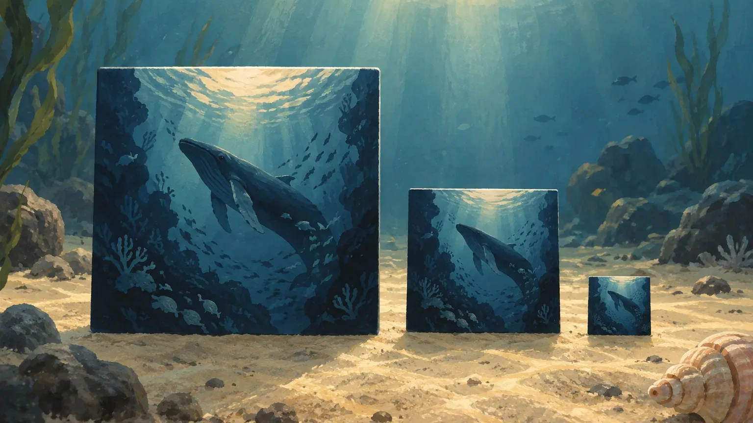 Illustrated podcast cover tiles at three sizes on a sandy seabed, each showing the same whale artwork, shrinking from large to thumbnail