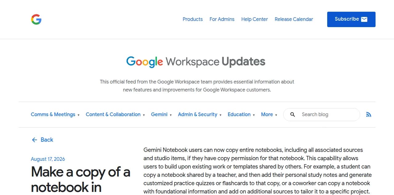 Google Workspace Updates blog post announcing the Make a copy of a notebook feature in Gemini Notebook, dated August 17, 2026