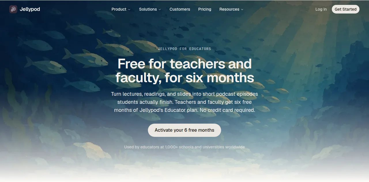 The Jellypod free for educators page, offering six free months of the Educator plan to teachers and faculty