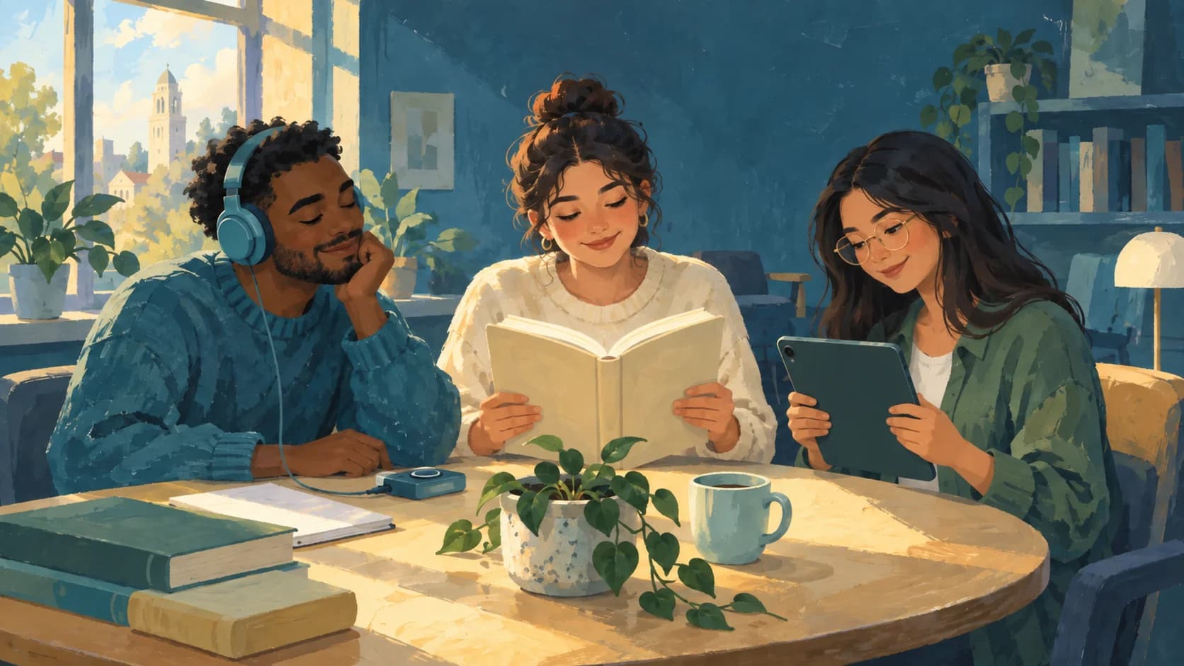 Gouache illustration of three students learning together with headphones, a book, and a tablet facing its reader