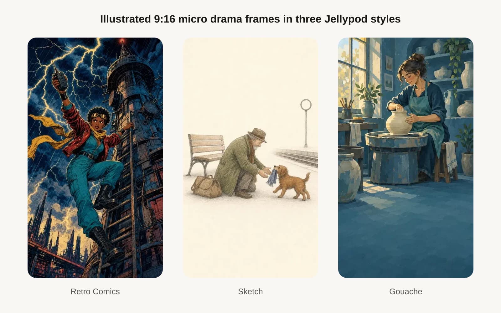 Three vertical 9:16 illustrated frames drawn in Jellypod's Retro Comics, Sketch, and Gouache styles