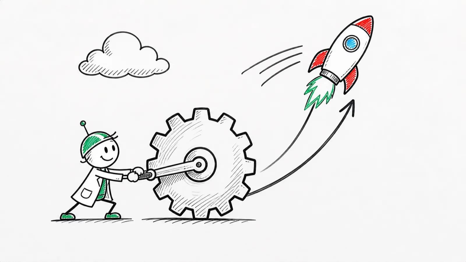 Hand-drawn whiteboard explainer frame from Jellypod: a stick figure cranking a large gear that launches a rocket