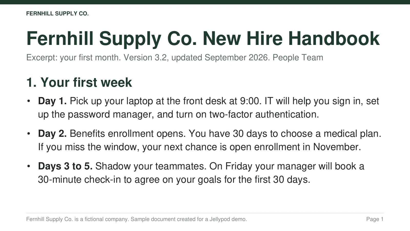 Page 1 of the fictional Fernhill Supply Co. new-hire handbook.