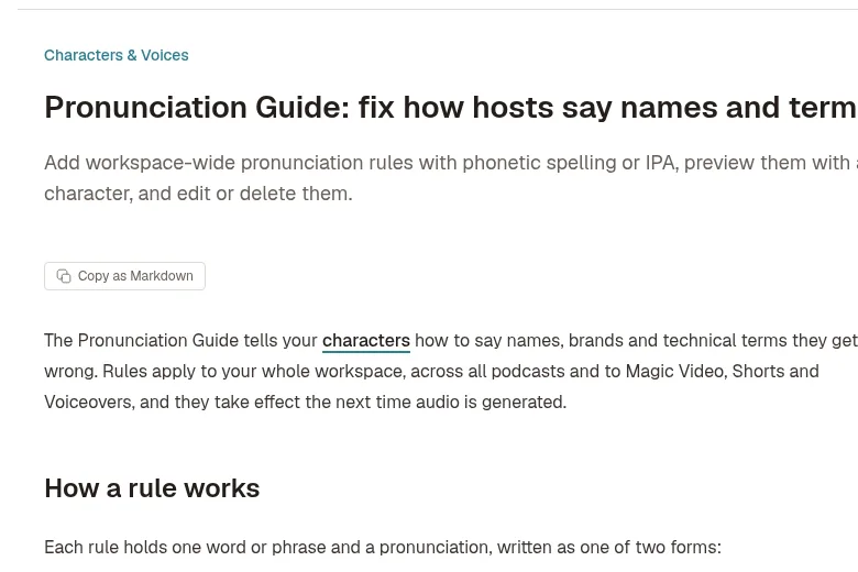 Top of the Jellypod help article Pronunciation Guide: fix how hosts say names and terms.