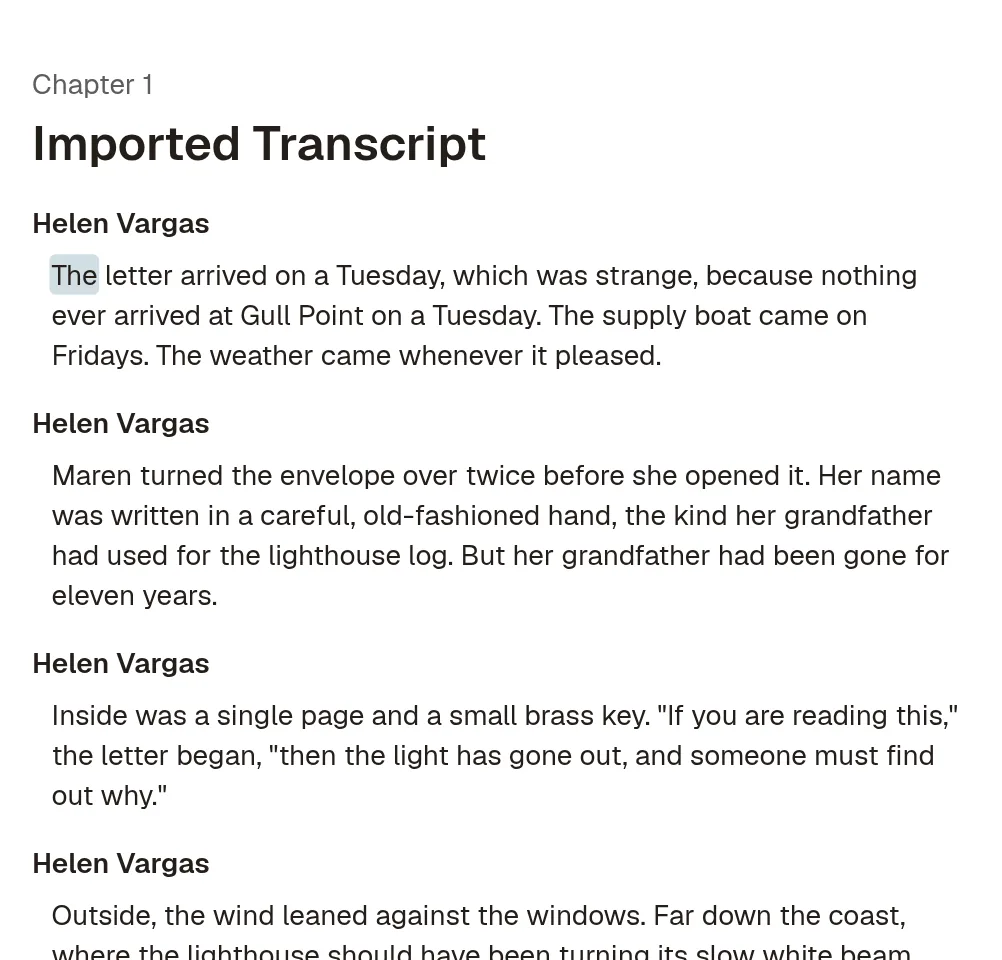 Jellypod script editor showing Chapter 1 split into narrator lines read by Helen Vargas